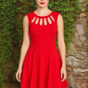 BETSEY JOHNSON Red Scuba Fit and Flare Dress with Cut-outs, 8